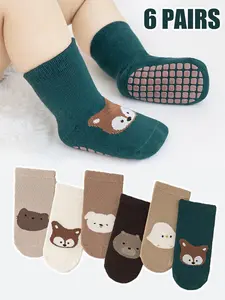 6 Pairs Children Socks Baby Walking Socks Boys Girls Indoor Anti-Slip Floor Socks Cartoon Pattern Animal Print Slim-Fitting