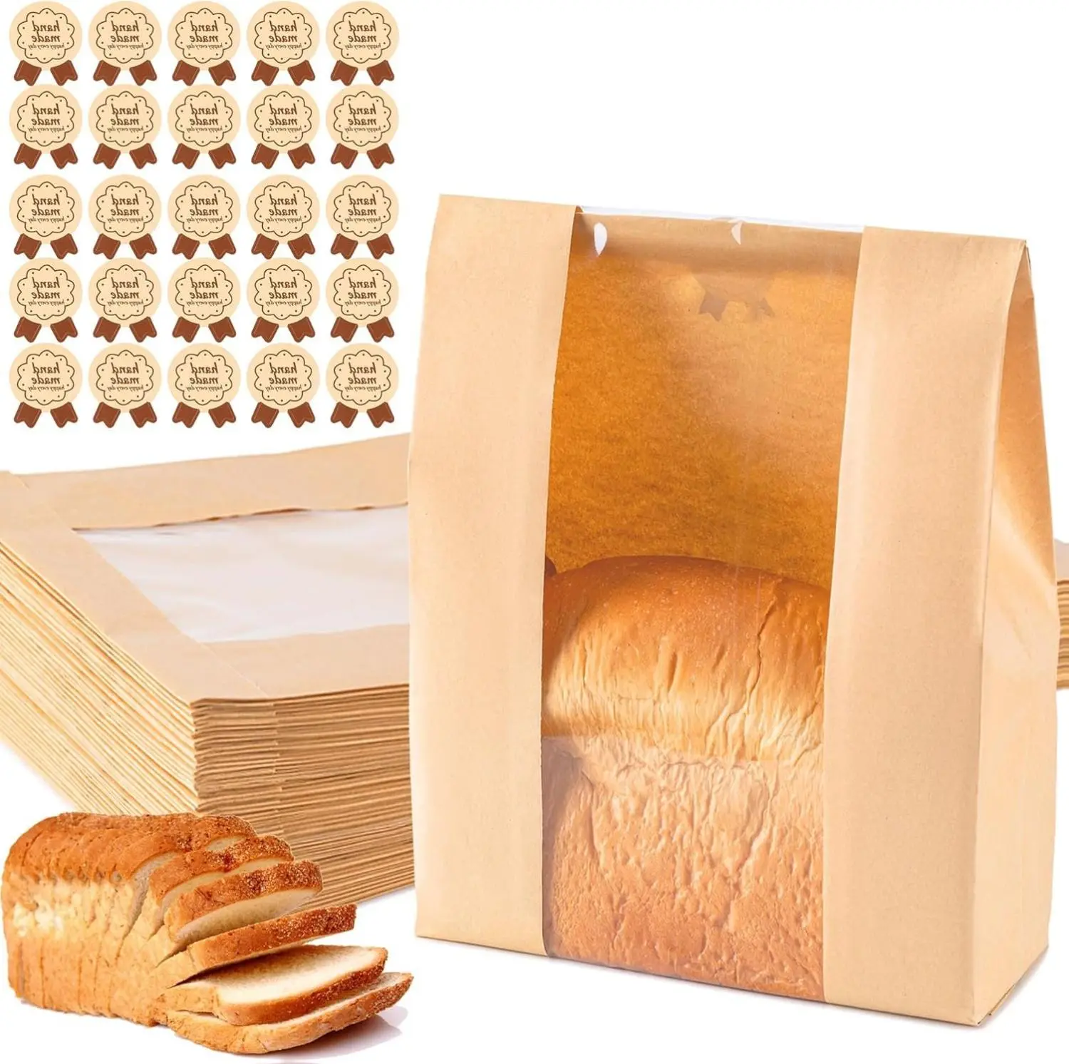 Paper Bread Bags 25PCS Sourdough Bread Bags for Homemade Bread Large Bakery Bags with Window 13.7x8.3x3.5 inch Includes 25PCS Label Seal Stickers for Storage