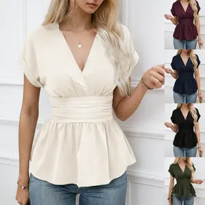 Women's V-Neck Pleated Peplum Top - Solid Short Sleeve Flattering Shirt - Mother's Day Gift Elegant Casual