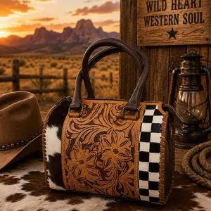 Elegant Floral Embossed Leather Handbag with Checkered Accent and Cowhide Trim