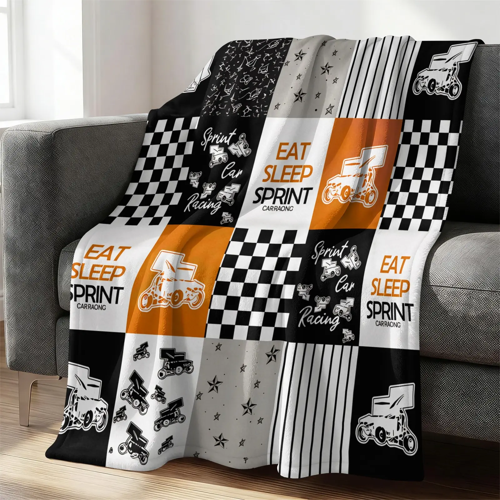 Sprint Car Racing Flannel Blanket, Gift for Race Fans, Soft Warm Blanket, Checkered Flag Plush Blanket, Lightweight Gift Blanket for Boys Kids Teens Couch Bed Sofa Travel Camping, All-Season