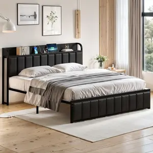 VECELO Queen Full Bed Frame, Storage Upholstered Headboard with Charging Station, Platform Bed Frame, Heavy Duty Metal Slats, No Box Spring Required, No Noise, Easy to Assemble, Dark Gray