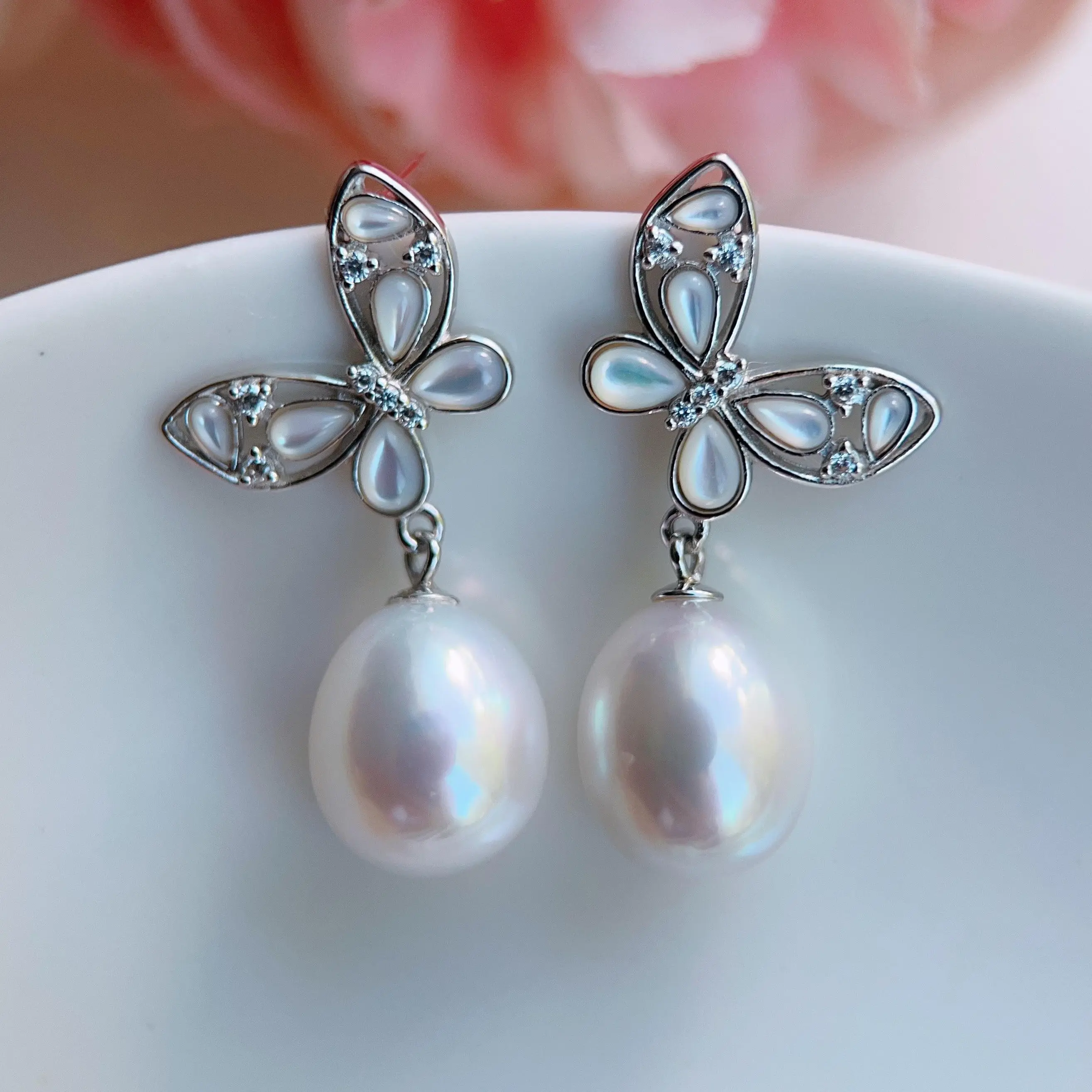 Piswency Genuine Freshwater Pearl Dangling Earrings, Large Teardrop Pearl Butterfly Earrings, 925 Sterling Silver, Gift for Her