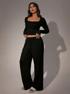 Women's New Two-Piece Square Neck Long Sleeve Short Top Set, Drawstring Pocket Pants Homewear, Fall Winter Casual Minimalist Womenswear