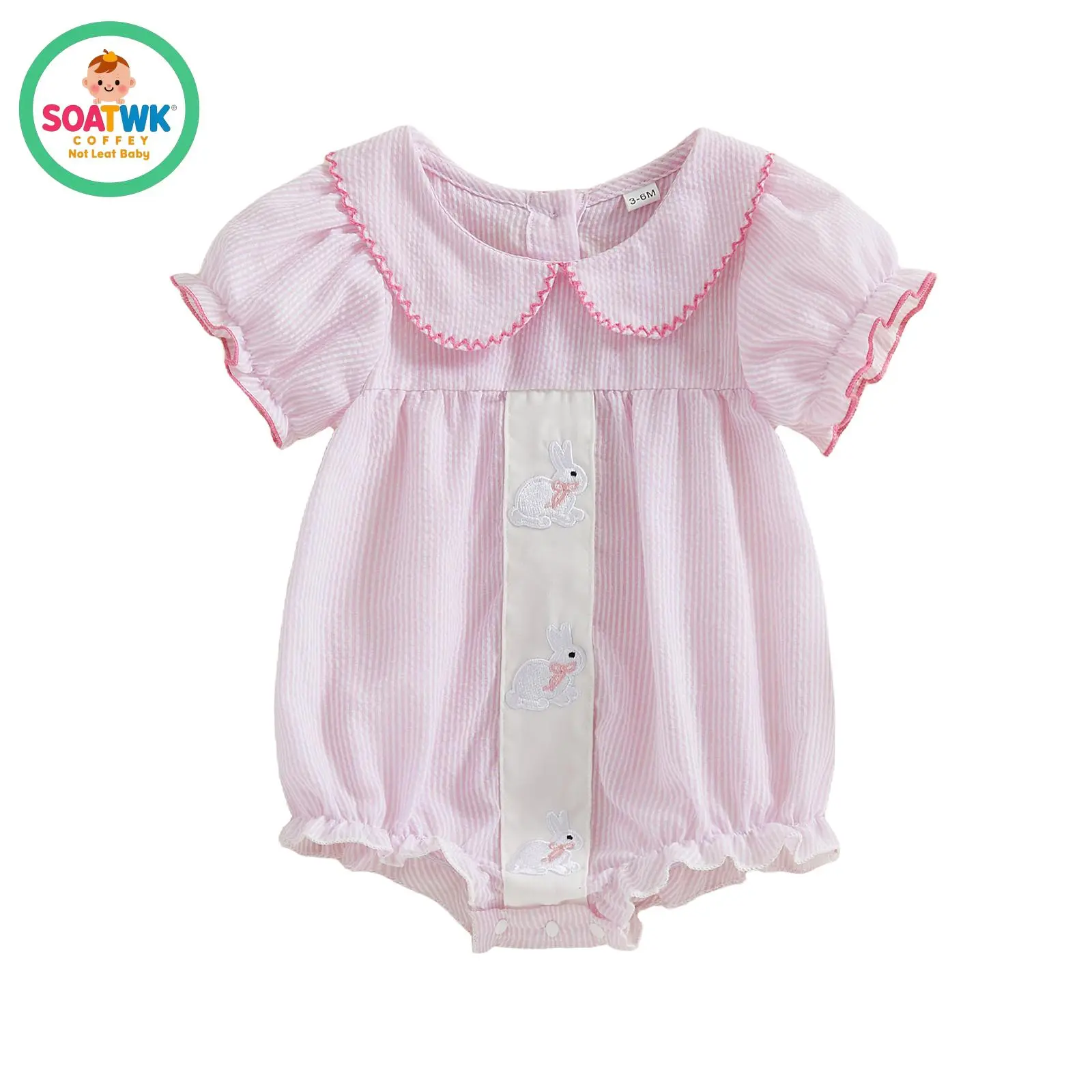 Baby Girl Easter Romper Short Sleeve Bunny Embroidery Stripes Bodysuit Newborn Playsuit