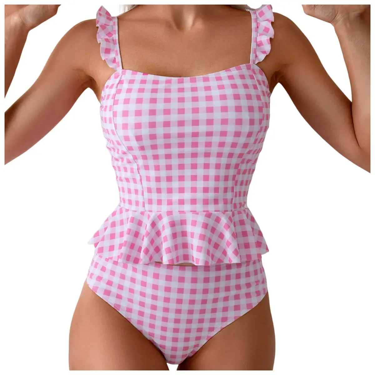 Drawstring Bikini Beachwear Bathing Suit Girl'S Bikini Set Gingham Print Ruffled Spaghetti Strap Summer