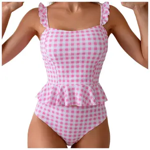 Drawstring Bikini Beachwear Bathing Suit Girl'S Bikini Set Gingham Print Ruffled Spaghetti Strap Summer