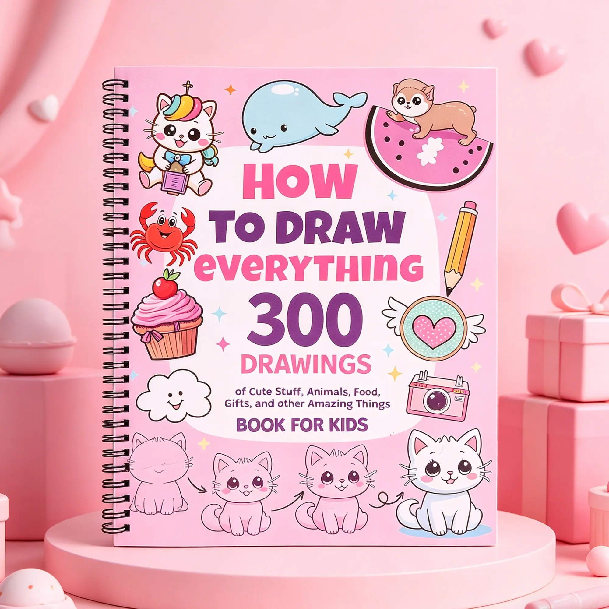 How to Draw Everything 300 Spiral Book for Kids, Cute Animal Food Drawing Guide, Educational Art Activity Book for Beginners, Coloring Books, Learning Tool