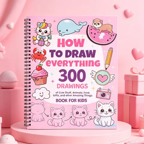 How to Draw Everything 300 Spiral Book for Kids, Cute Animal Food Drawing Guide, Educational Art Activity Book for Beginners, Coloring Books, Learning Tool