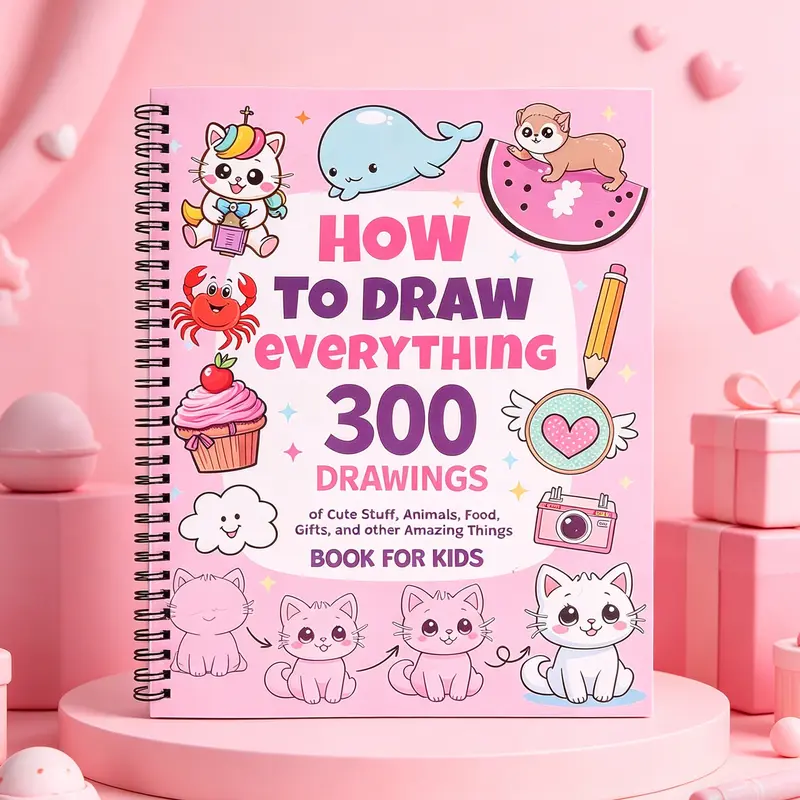 How to Draw Everything 300 Spiral Book for Kids, Cute Animal Food Drawing Guide, Educational Art Activity Book for Beginners, Coloring Books, Learning Tool