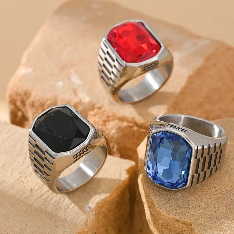 Men's Striped Square Solid Steel Ring - Fashionable Business-Style Stainless Steel Accessory for Daily Leisure, Holiday Parties, Gifting Occasions, Solid Steel Rings