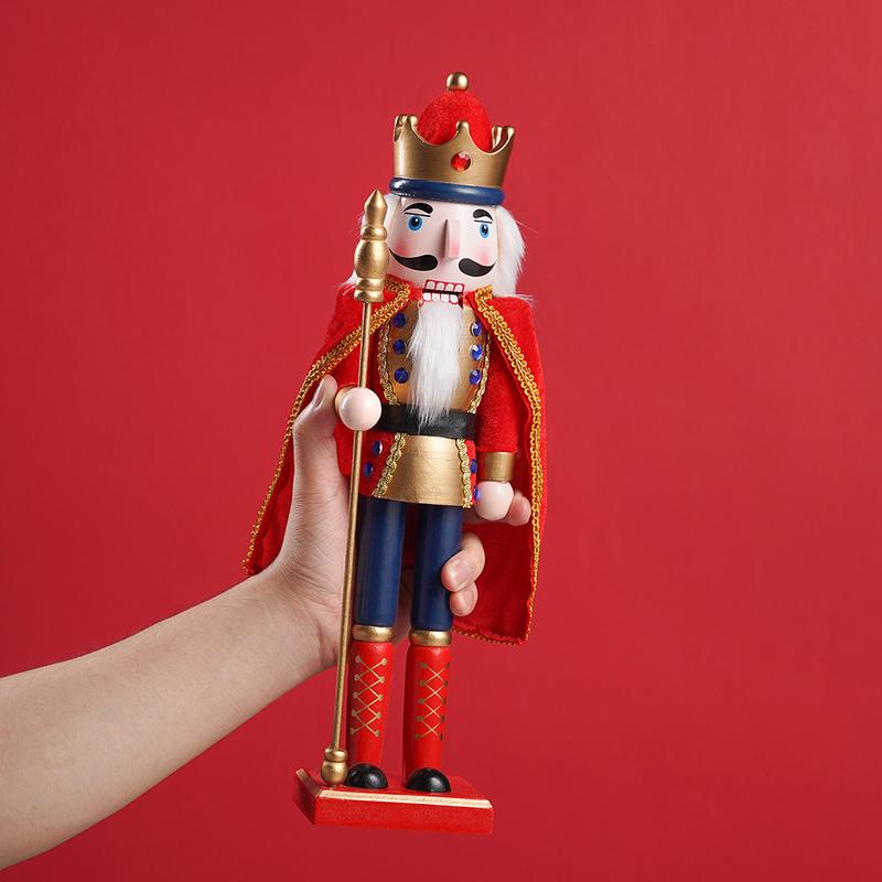 38CM Christmas Wooden Nutcracker Vintage Statue Creative Puppet Handmade European Style Model Red King Doll Christmas Gift Home Decoration