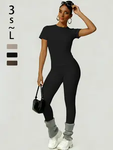 2-Piece Solid-Color Athletic T-Shirt Set Women's Sportswear Set, Slim-Fit RoundNeck Short Sleeves & High-Waisted YogaPants, Ideal for Gym Running OutdoorActivities,  Stretchy Suit Set, Fitness Outfits,Workout Running Outfits-8627