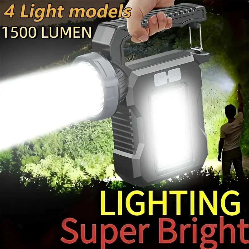 Ultra-Bright Rectangular LED Flashlight - Solar & USB Powered, 4 Lighting Modes, Portable USB & Mobile Lights, Unisex Torch for Camping, Outdoor Emergency Use