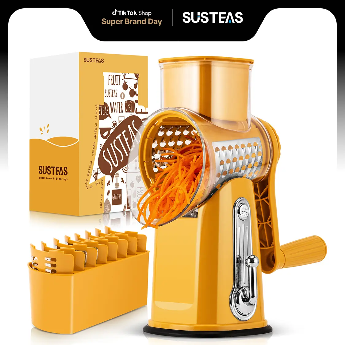 SUSTEAS Rotating Cheese Grater Food Chopper with Handle, with 5 Well-Designed Blades and Strong Suction Cup Base, Comes with 1 Blade Storage Box Kitch