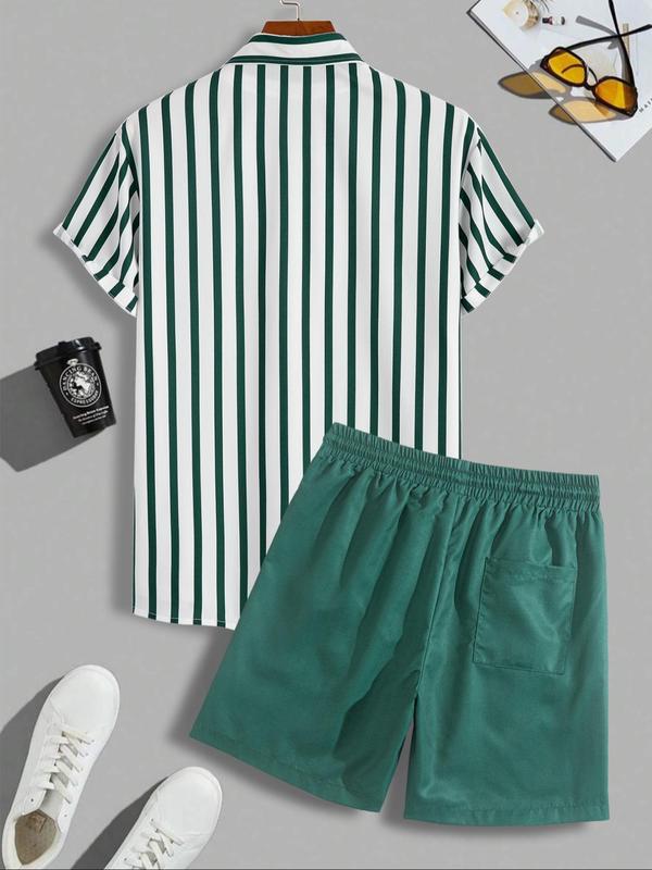 Men's Colorblock Striped Print Button Front Shirt & Shorts Set, Casual Short Sleeve Collared Top & Shorts, Men's Summer Clothes for Beach Vacation