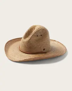 Elliot Gus Crown Cowboy Straw Hat in Toast - 100% Tripilla Palm Straw with Turned-Up Brim & Genuine Leather Drawcord for Secure Fit
