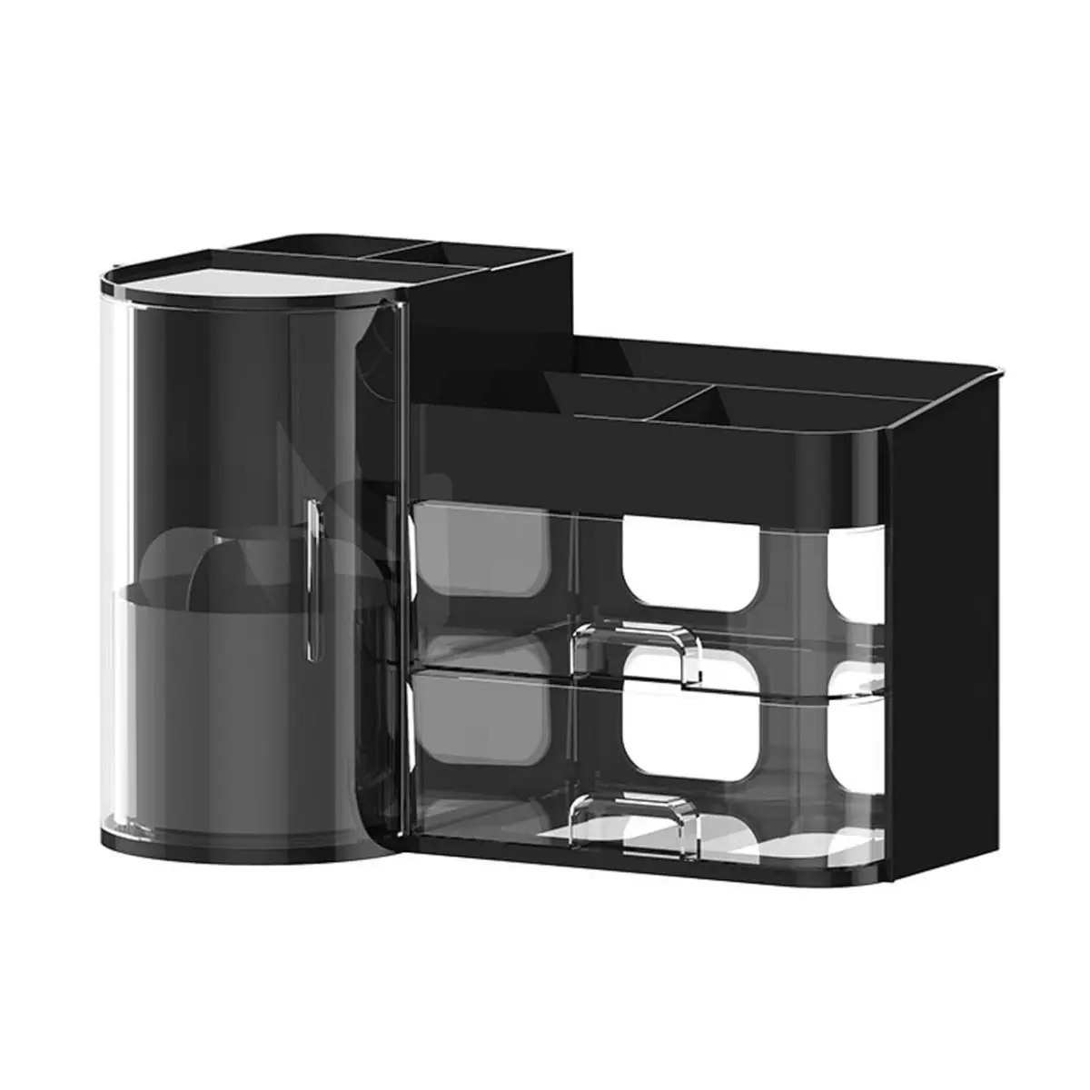 Large Black Modern Glam 360-Degree Rotates Plastic Vanity Makeup Organizer with Drawers - 14x8.3x9 inch Multi-Zone Countertop Storage, Brush Holder, Easy Installation, Ideal Gift for Beauty Lovers, Valentine's Day, Weddings (35.5x21x23cm)
