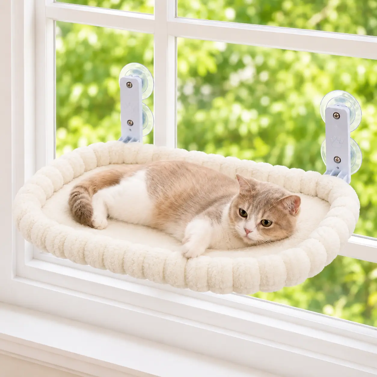 Cat Window Perch for Indoor Cats, Folding Cordless Cat Hammock with Strong Suction Cups, Machine Washable Plush Bed, Breathable Mesh Base, Sturdy Metal Frame, No-Drill Window Cat Bed for Cats & Small Dogs