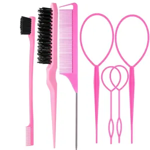 7 Piece Professional Hair Brush Set, Top Knot Comb, Ponytail Teasing Comb, Edge Control Brush, Metal Pin Tail Comb, Women Girls Hairstyle Tool