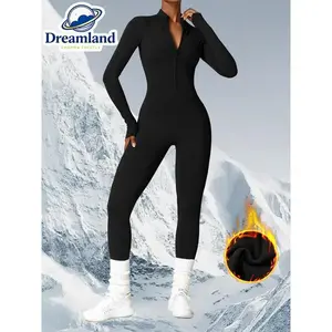 2025 Women's Solid Zip Up Skiing Jumpsuit, Casual Sporty Long Sleeve Jumpsuit for Skiing Cycling, Ladies Sportswear for Fall & Winter