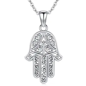 Bernashen S925 Sterling Silver Hamsa Necklace Sterling Silver Hand of Fatima Pendant Jewelry for Women Men Sacred Vintage Evil Eye Pendant with Fine Jewelry Gift