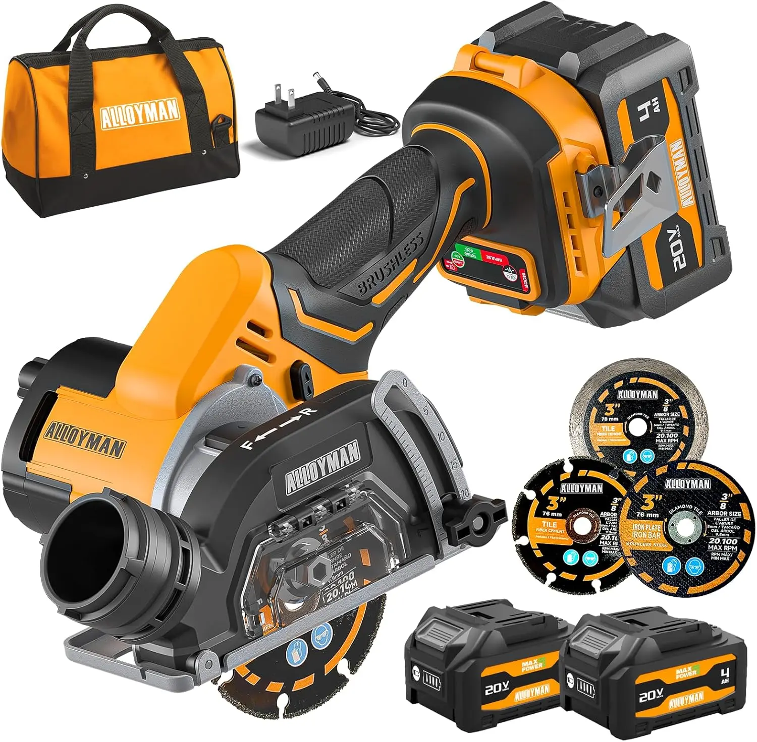 ALLOYMAN 20V Cordless 3-Inch Cut Off Tool,Power Circular Saws,Brushless Motor, 18,000 RPM, Forward/Reverse, LED Light, 2x4.0Ah Batteries & Charger,Ideal for Metal, Wood, and PVC Cutting ms  201c stihl  tc small  eagle  saw brazed  diamond  blade