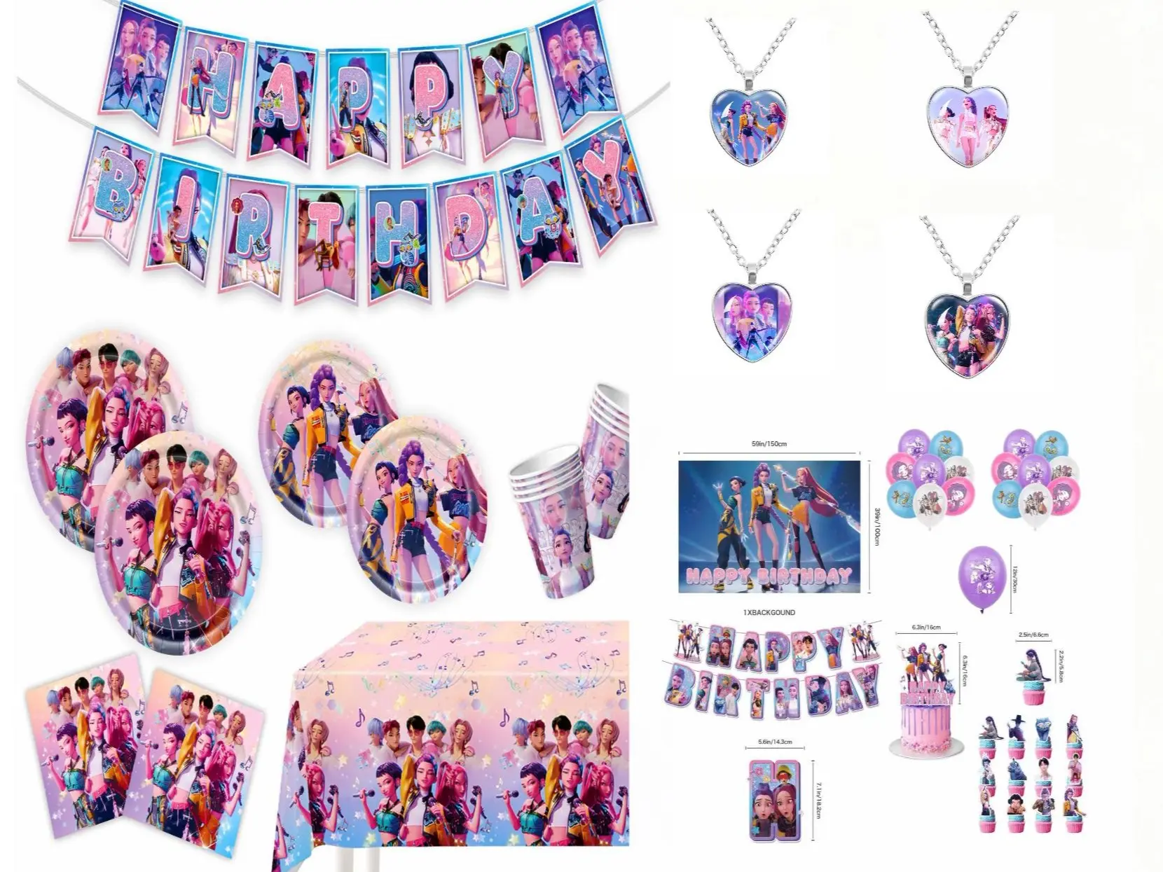 Pink tableware birthday party supplies set: disposable tablecloth, paper plates, paper cups and paper forks; birthday backdrop; Korean style party supplies set; fan surprise.