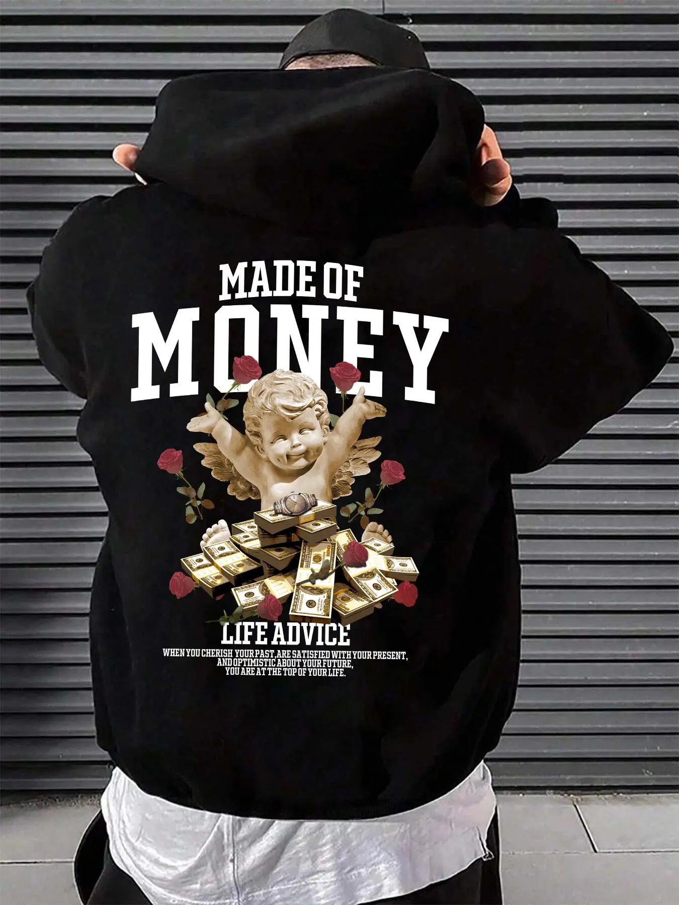 Unisex Men's "made Of Money" Print Drop Shoulder Long Sleeve Drawstring Hoodie, 2000s Clothes, Essentials Hoodie for Men, Comfort Basic Menswear, Casu