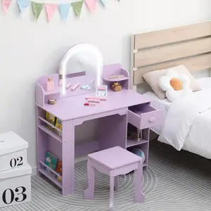Purple Kids Vanity with Lighted Mirror, 2 in 1 Little Girls Vanity Table & Stool, Kids Makeup with Bookshelf, Drawer & Open Shelves