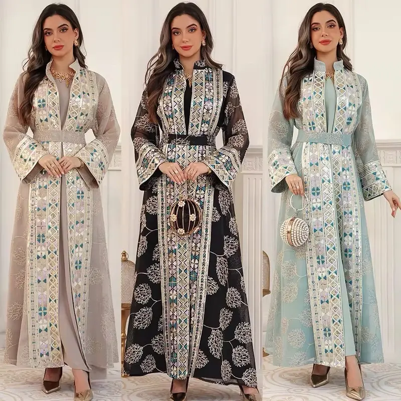 Women's Islamic Modesty Clothes - Luxury Embroidered Open Abaya 3-Piece Set with Belt, Kaftan Embroidery Abaya, Modest Muslim Outfits for Weddings, Special Occasions, Abaya Dress Set, Elegant Islamic Clothing