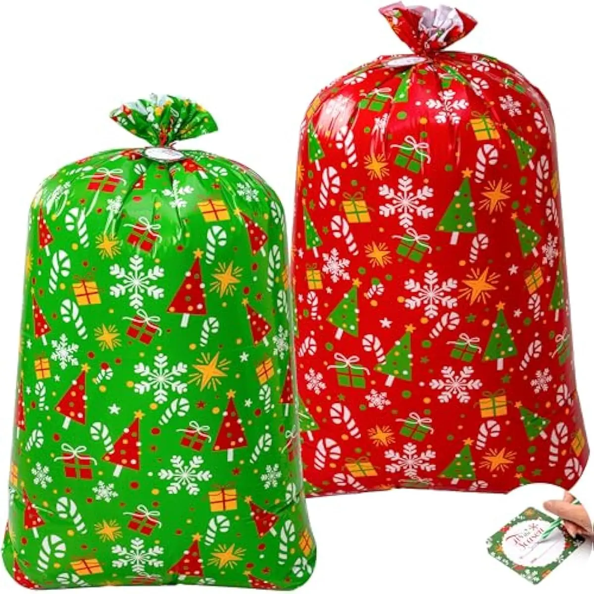 JOYIN 2 PCS Large Red & Green Christmas Holiday Plastic Gift Bags 56"x36" with Gift Tags for Heavy Duty Large Gifts, Xmas Presents Warpping
