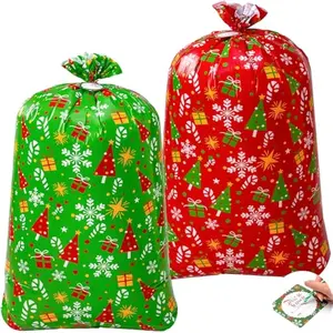 JOYIN 2 PCS Large Red & Green Christmas Holiday Plastic Gift Bags 56"x36" with Gift Tags for Heavy Duty Large Gifts, Xmas Presents Warpping