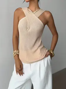 Women's Cross Back Knit Vest, Sexy Hollow Out Sleeveless Sweater, Casual Slim Fit Ribbed Summer Top, Fashionable Cross Neck Lace Up Shirt