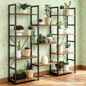 Triple Column 4 Tier Bookshelf, Bookcase with 11 Open Display Shelves, Adjustable Rustic Industrial Style Book Shelves, Modern Bookshelves for Bedroom, Living Room and Home Office, Vintage