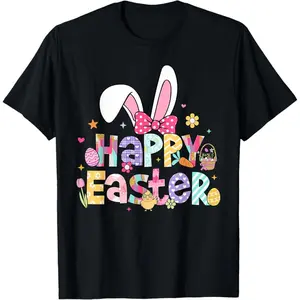100% Premium Cotton graphic tees Happy Easter 2026 Cute Bunny Rabbit Easter Day Women Girls T-Shirt