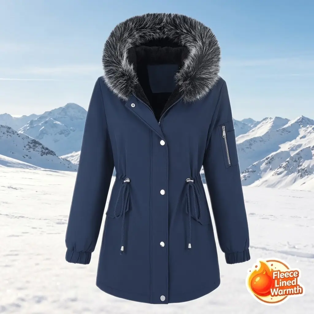 New women’s long autumn/winter jacket with thickened padding, elastic cuffs, a stylish hood design, an adjustable waist drawstring, and warm lining—comfortable and cozy, suitable for various occasions; a fashionable, versatile women’s jacket.