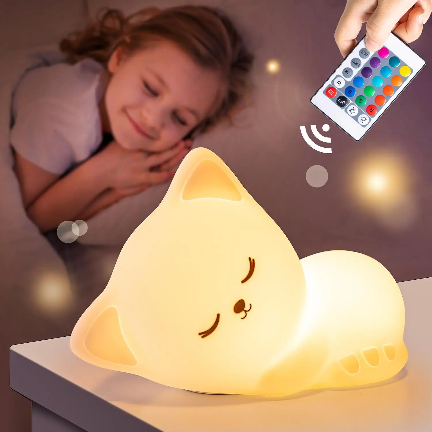 Cute Cat Design Night Light, Rechargeable Color Changing Night Light with Remote Control, Dimmable Night Light for Kids, Bedside Lamp for Nursery Deco