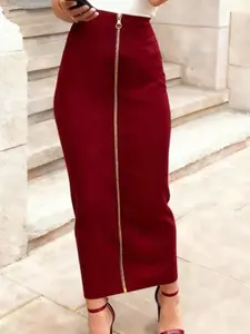 Women's Black Midi Pencil Skirt, Front Zipper, High Waist Stretchy Fit, Suitable For Office, Casual, Date And Party Spring