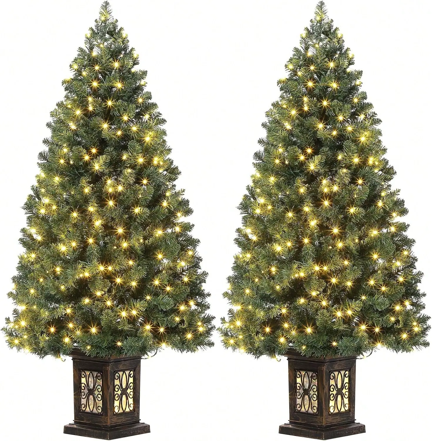 Classic 2-Piece LED-Lit Artificial Christmas Potted Tree Set, 4.5 ft Tall, 300 LED Lights, Timer, 8 Lighting Modes, Antique Urn Base, Indoor & Porch Entrance Christmas Decoration, Christmas Decorations