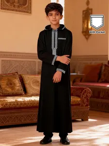 Arabic Middle Eastern Traditional Boys' Iftar Robe, Colorblock Hooded Embroidery, Side Pockets, Comfortable Fabric, Festival Clothing