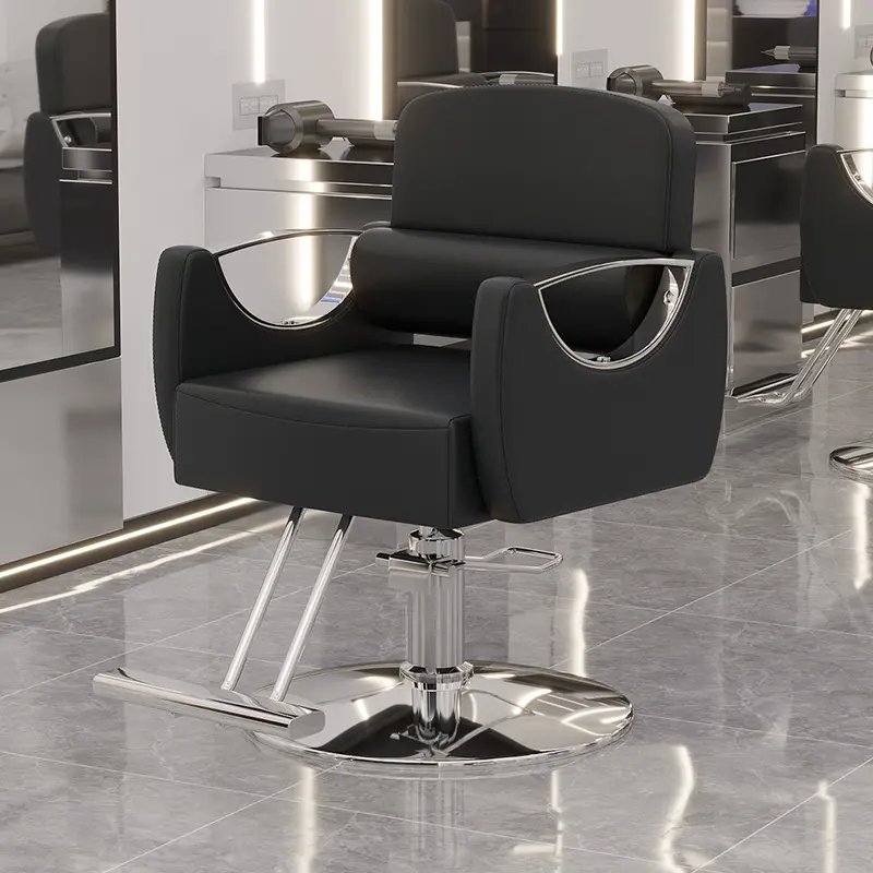 CNCEST 1* Adjustable Commercial Hydraulic Barber Chair - 440lbs Capacity, 360° Swivel, High-Density PU Leather Cushion, Wide Armrests, Metal Round Base, Wood Accents, Flexible Salon Furniture (Black & Silver, Self-Assembled) for Beauty Shops, Flexibility,