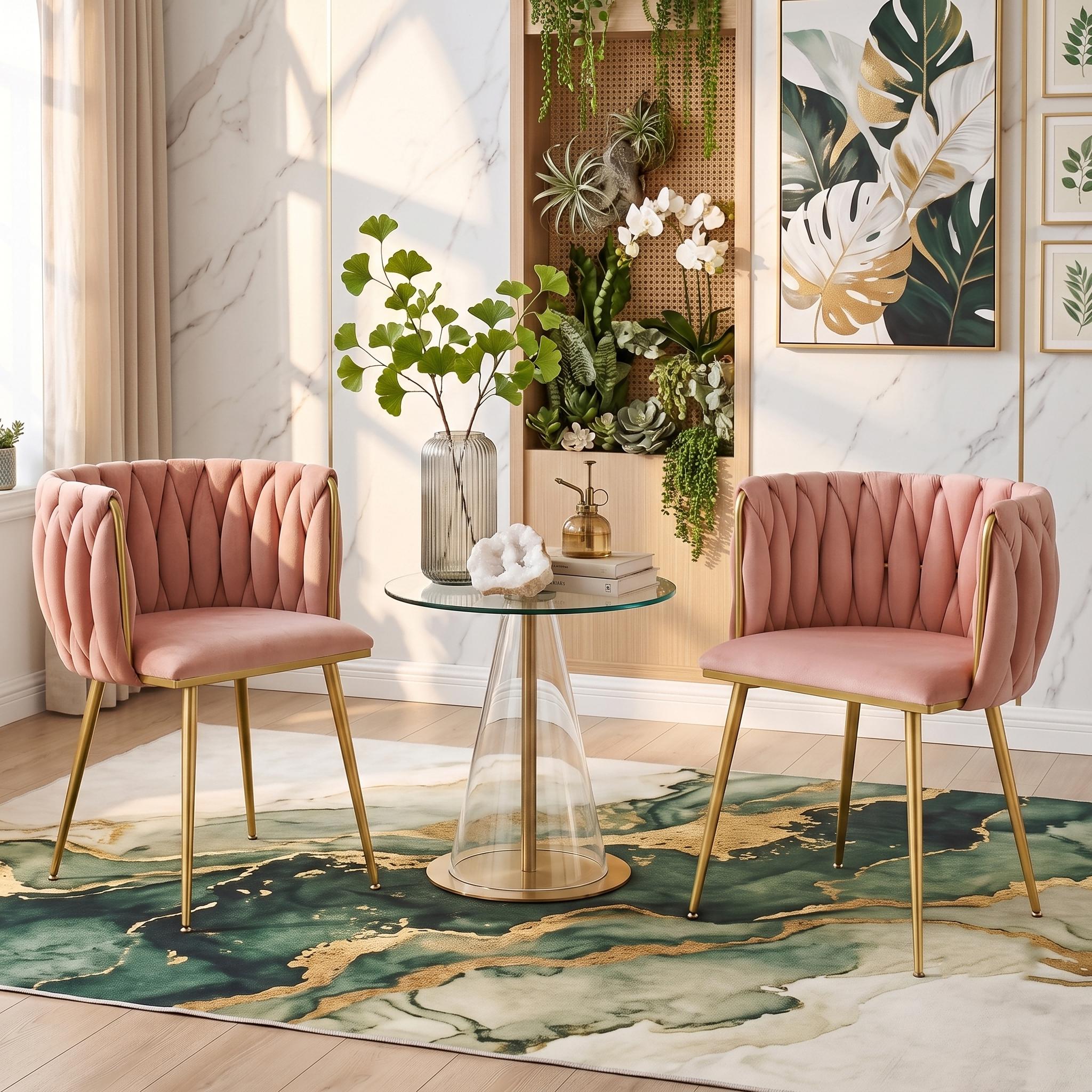Eyisean 28" H Velvet Modern Dining Chairs Set of 2, Luxury Upholstered Side Chair with Curved Woven Backrest, Durable Accent Chair with Golden Metal Legs, Easy Assembly for Dining Room, Kitchen, Living Room
