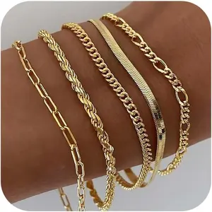 DEARMAY Dainty Silver Chain Bracelets for Women Trendy, Waterproof Sterling Silver/Gold Jewelry Sets Fashion Stackable Beaded Figaro Herringbone Paperclip Chain Bracelet Pack Stack Gifts for Womens