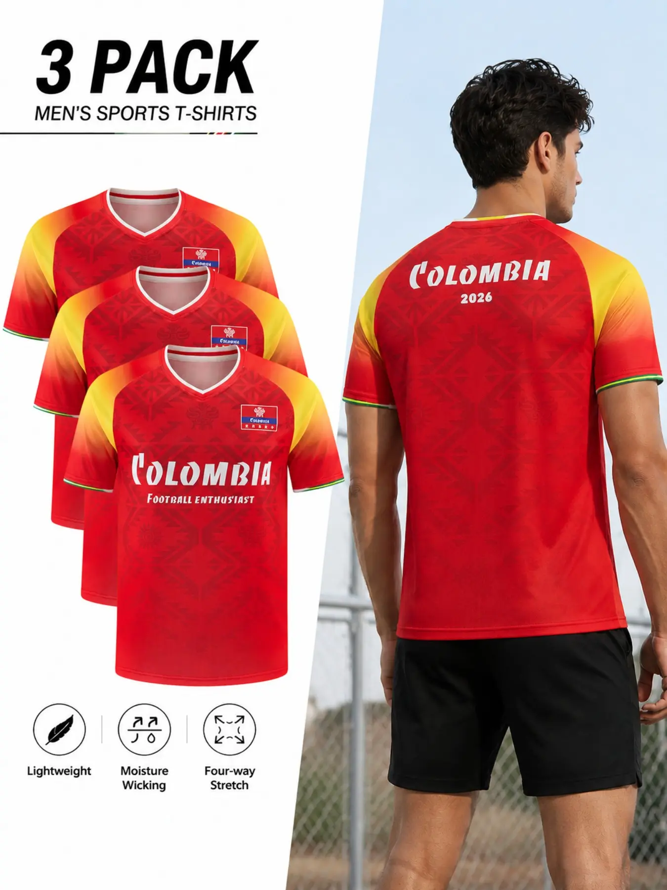 3-Pack Men's Columbia Style Soccer Jerseys, Moisture-Wicking Breathable Quick-Dry Football Tops, Lightweight Four-Directional Stretch T-Shirts