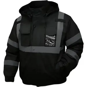 safety jacket for men, Reflective high Visibility Hooded jacket, Hi-Vis Bomber Jacket with Pockets and Zipper, waterproof, Black Bottom, ANSI/ISEA 107-2020 Type R Class 3