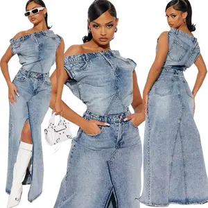 Women's Denim Two Piece Skirt Set - Off Shoulder Top & High Waist Skirt - Trendy Denim Outfit for Casual Wear