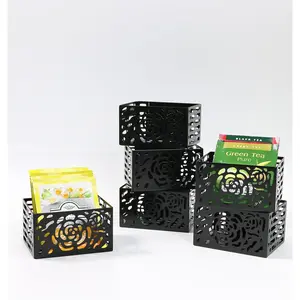 Tea Bag Organizer | Sugar Packet Organizer with Nano Mounting Tape, Elegant Hollow Rose Pattern Iron Tea Box, Holders for Sugar Packet, Drink Packet or Tea Bags (6 Pcs)
