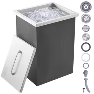 VEVOR Drop in Ice Chest,  14"L x 12"W x 18"H Stainless Steel Ice Cooler, Commercial Ice Bin with Cover, 40 qt Outdoor Kitchen Ice Bar, Drain-pipe and Drain Plug Included, for Cold Wine Beer Lid Utensils