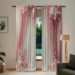 2pcs Pink and white floral pattern High Definition Digital Print Curtains, Semi-Transparent Polyester, Fade Resistant, Hand Washable